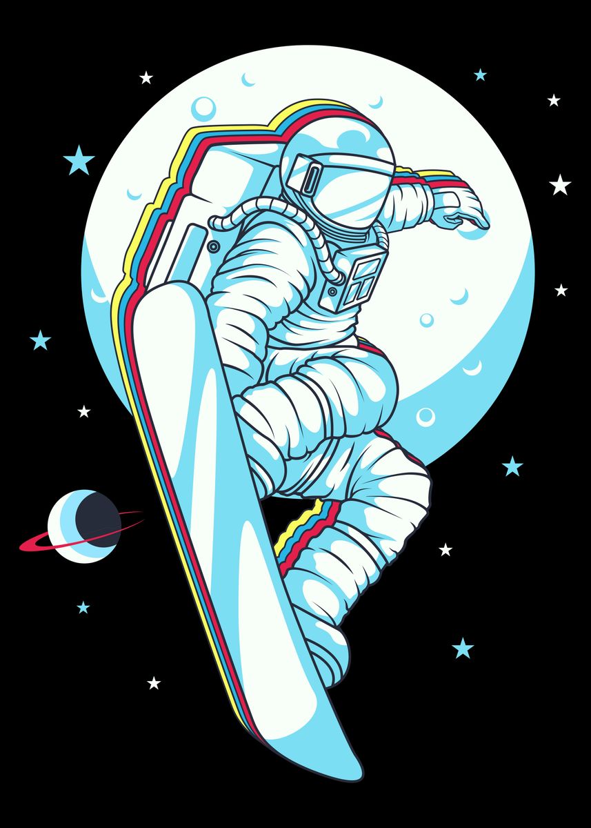 'Retro Snowboard Astronaut' Poster, picture, metal print, paint by ...