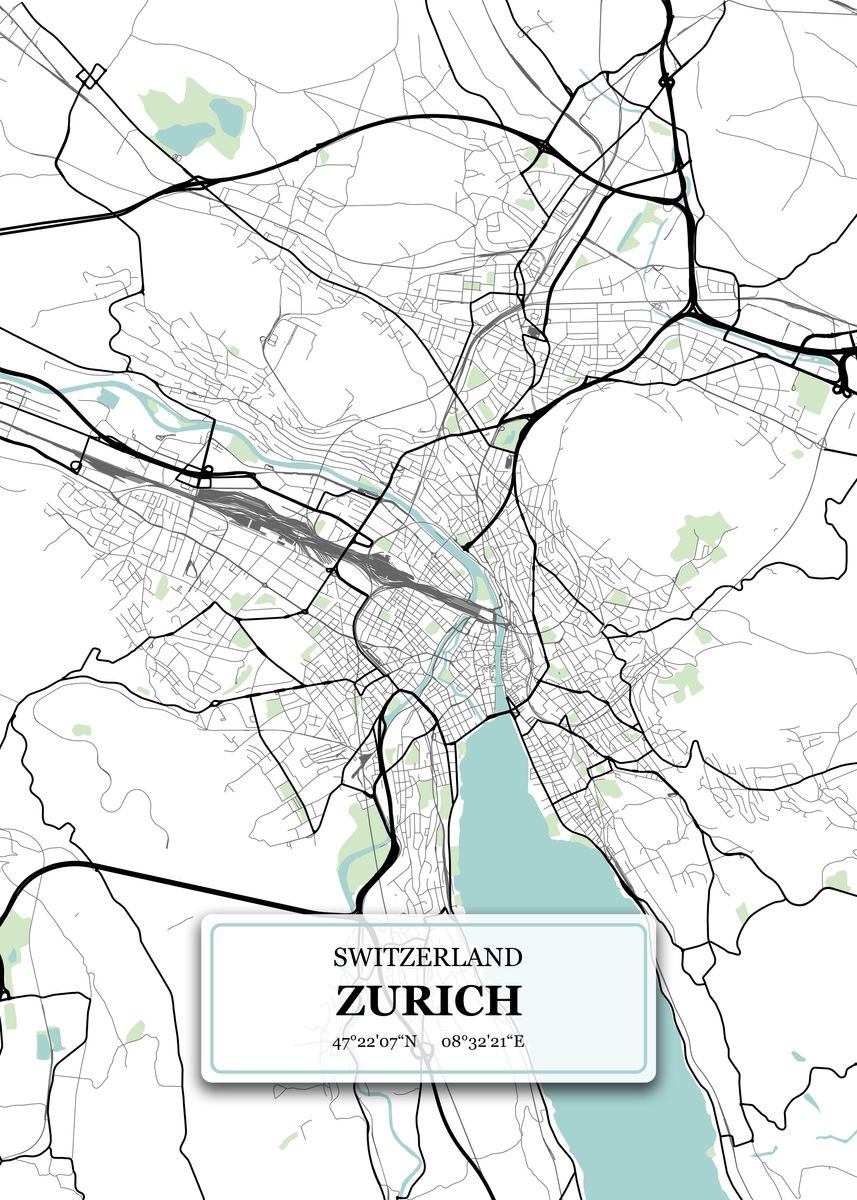 'Zurich Switzerland Map' Poster, picture, metal print, paint by Dany ...