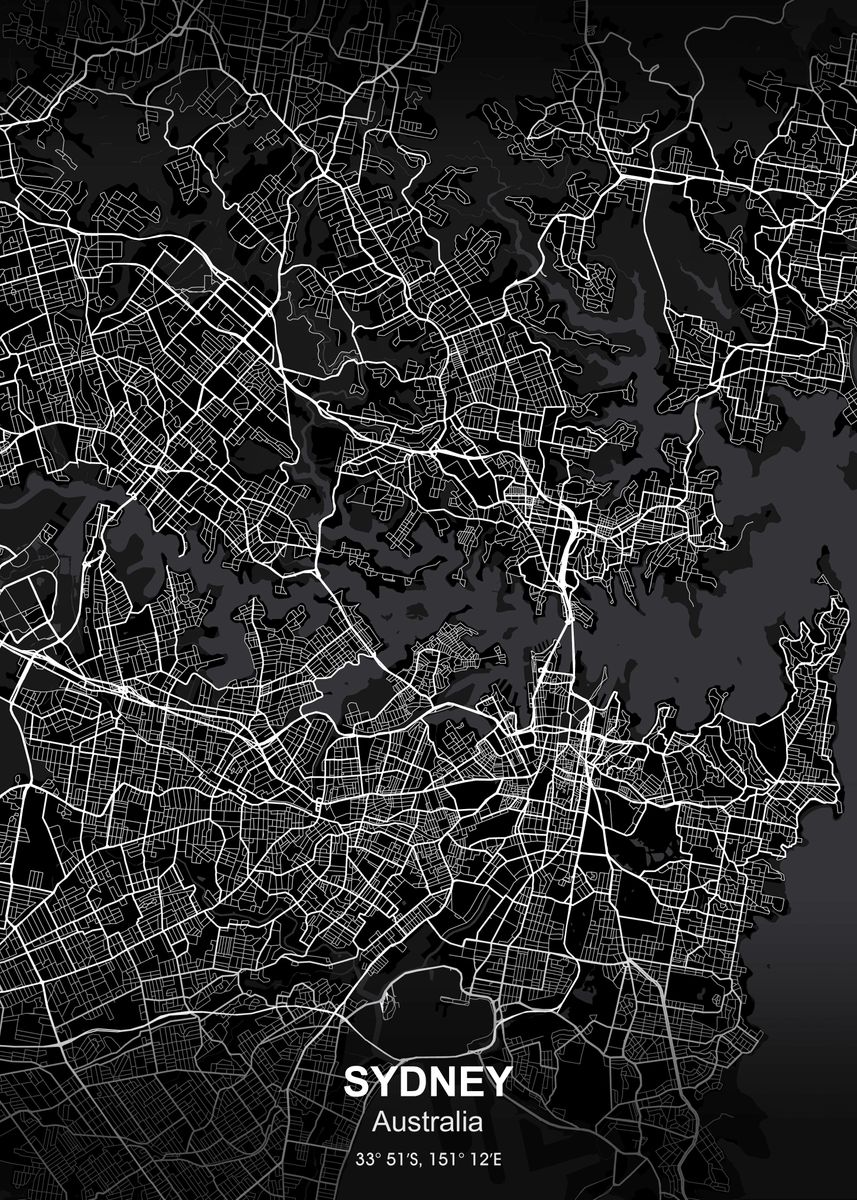 'sydney city map black' Poster, picture, metal print, paint by Project ...