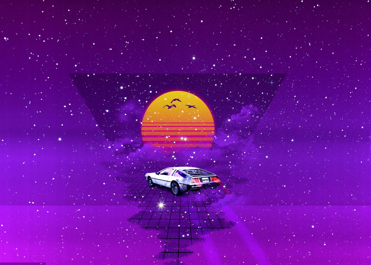 outrun retrowave sunset metal poster print tonino displate displate