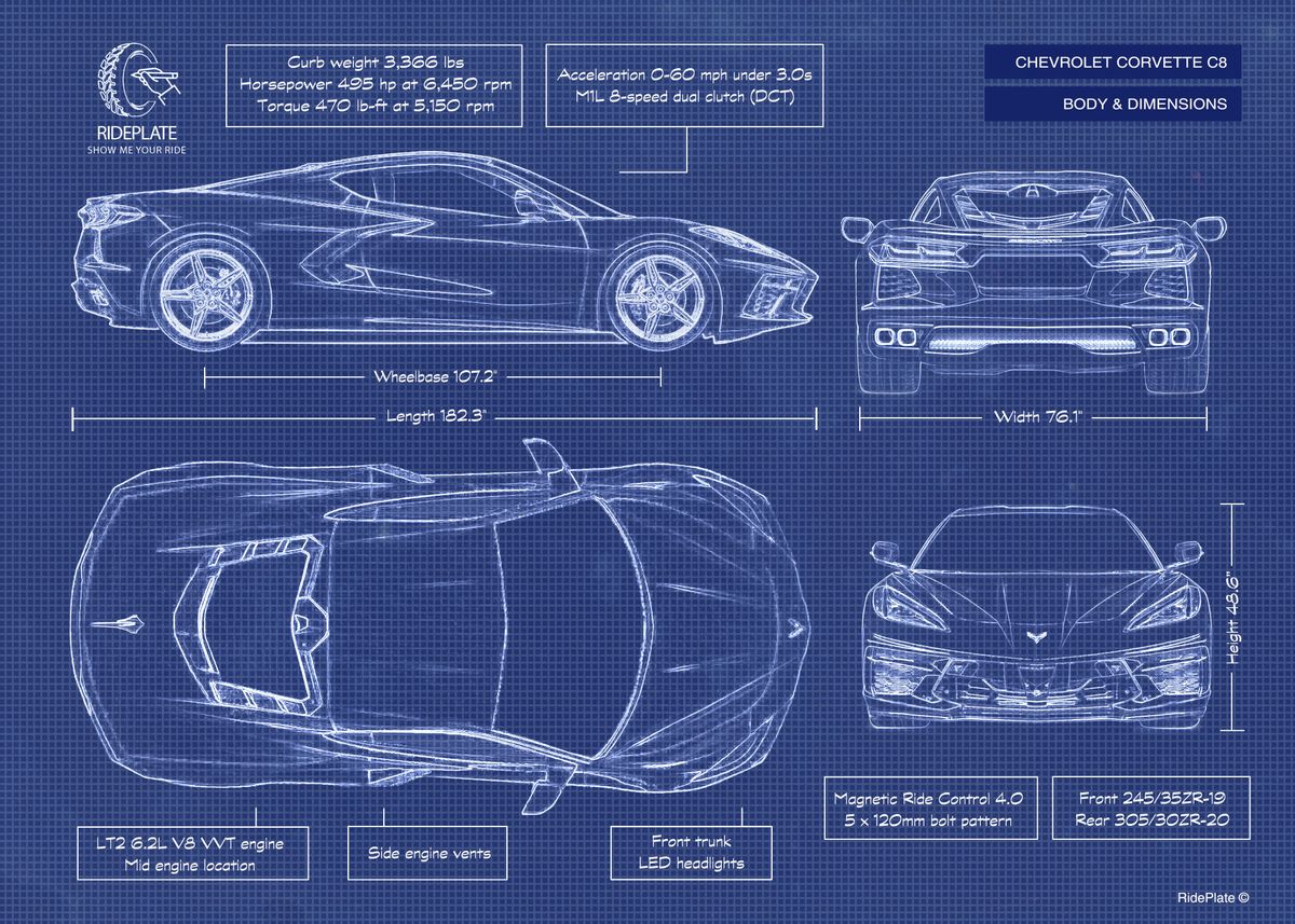 'Corvette C8 Blueprint' Poster by Ride Plate Displate