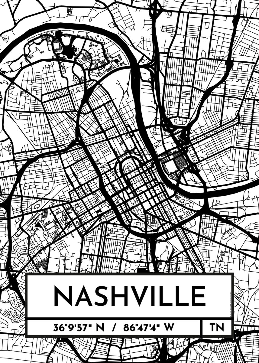 'Nashville City Map Design' Poster, picture, metal print, paint by ViaMapia | Displate