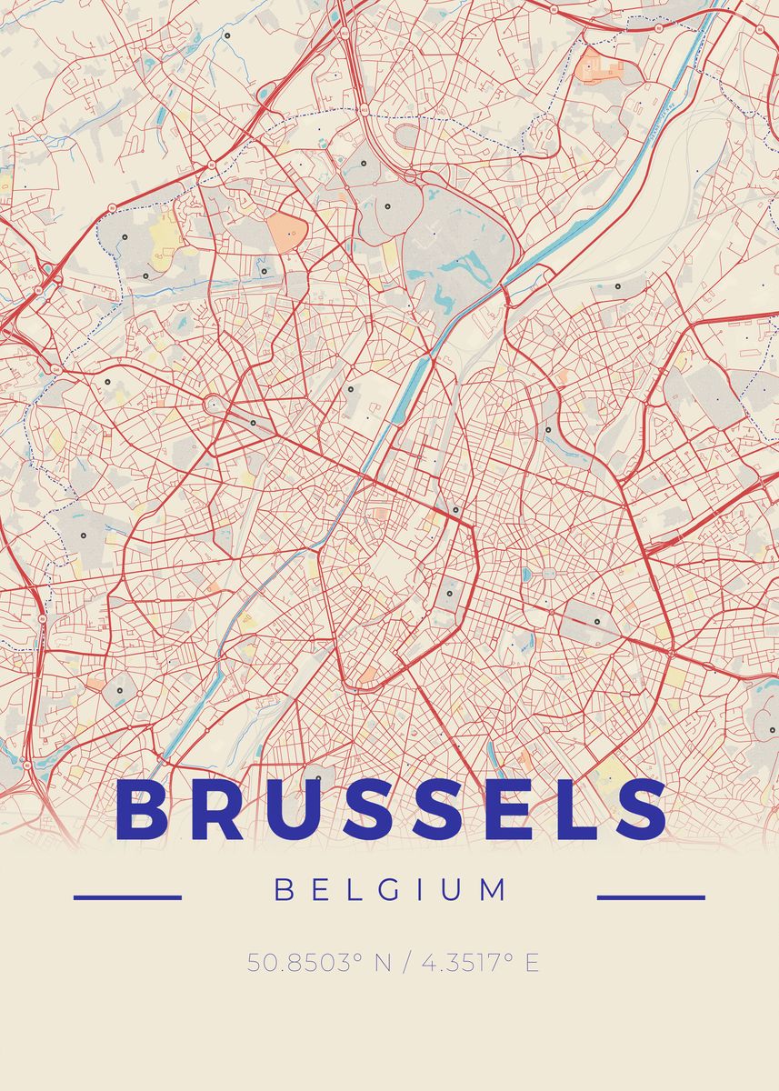 'Brussels Vintage Map Style' Poster, picture, metal print, paint by ...