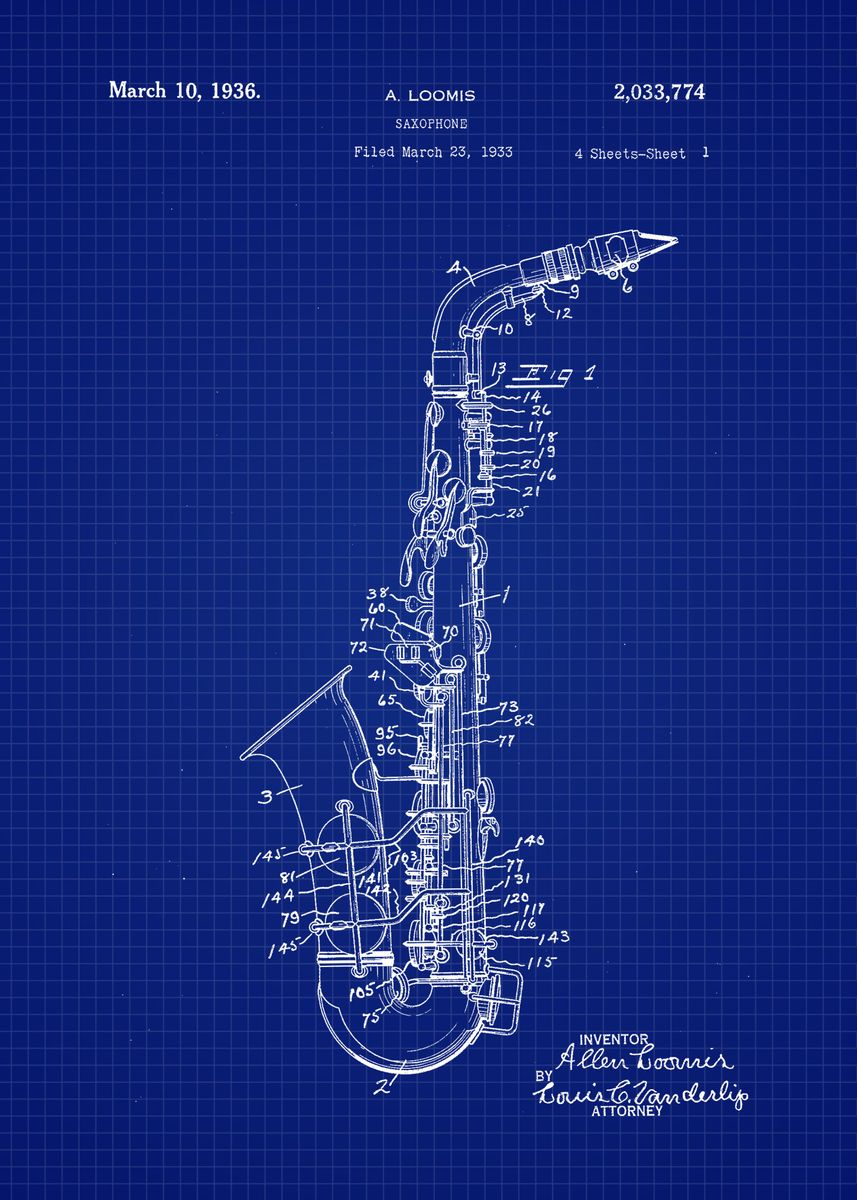 '1936 Saxophone Blueprint' Poster, picture, metal print, paint by Neo