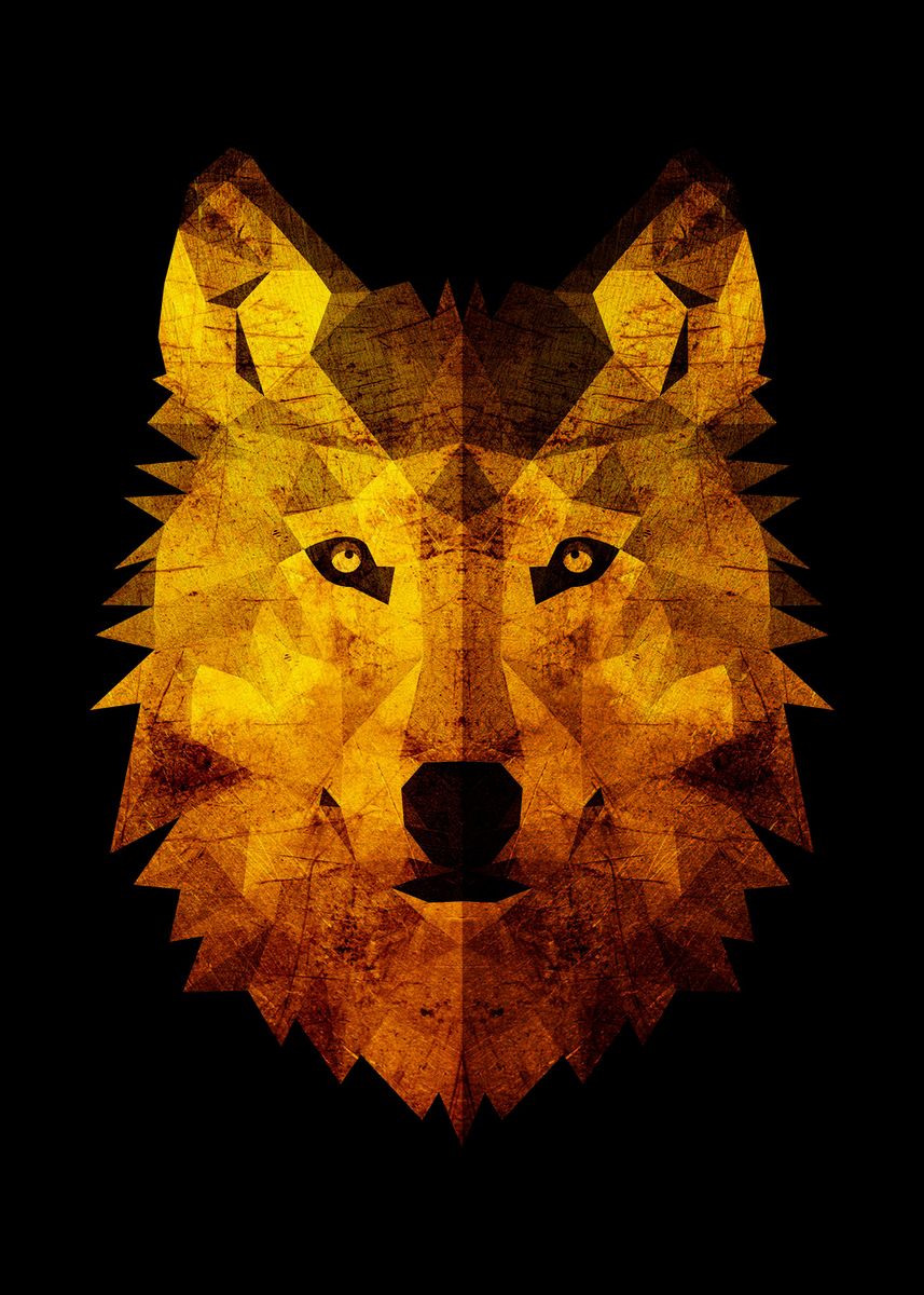 Golden Wolf Face Poster Poster By Mk Studio Displate