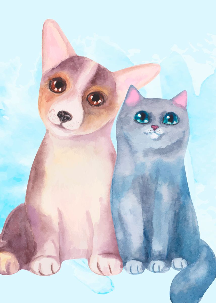 ‘cute dog and cat’ Poster by Queensy Collin | Displate