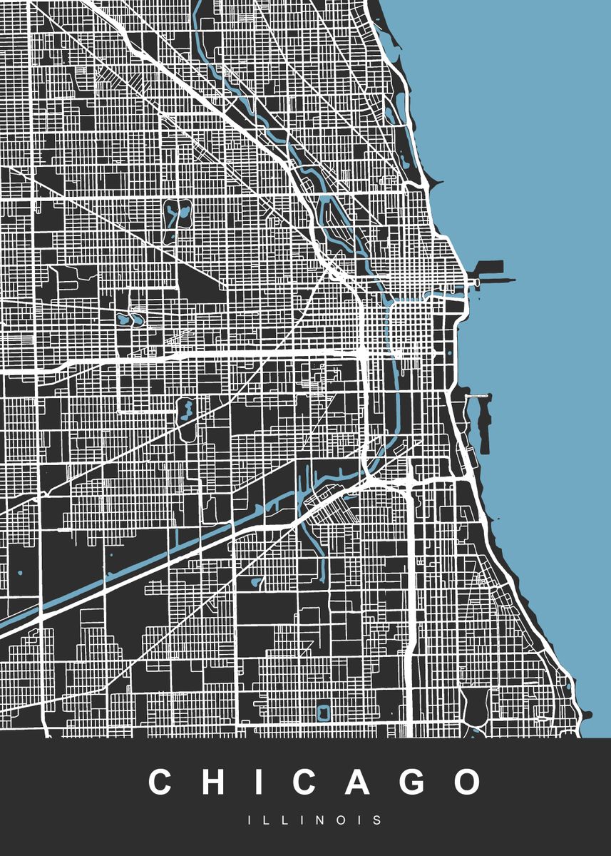 ‘Chicago Map Black’ Poster, picture, metal print, paint by UrbanMaps