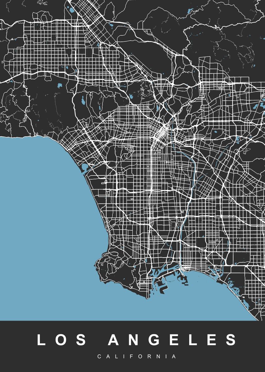 'Los Angeles Map Black' Poster, picture, metal print, paint by ...