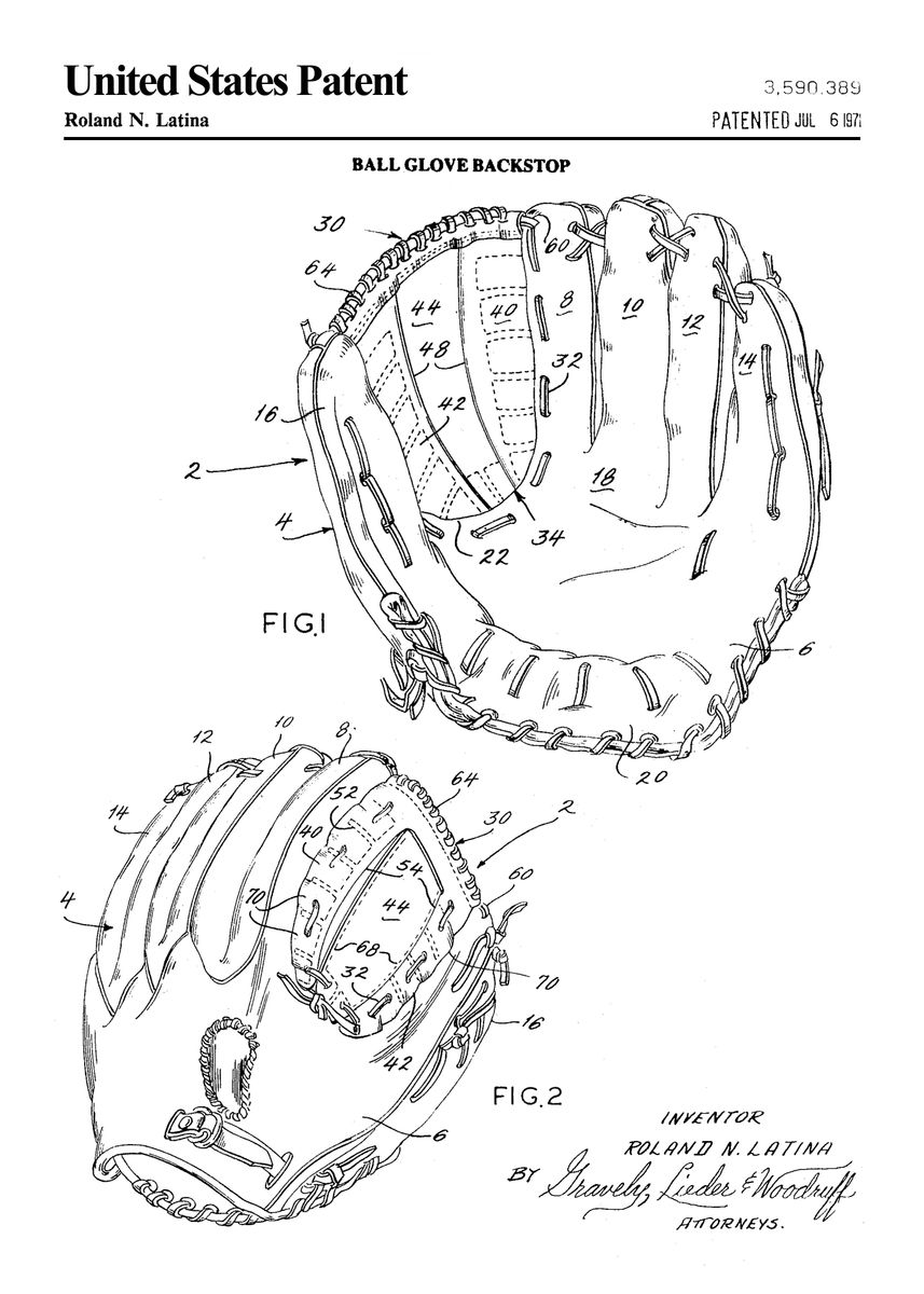 '1971 baseball glove patent' Poster, picture, metal print, paint by