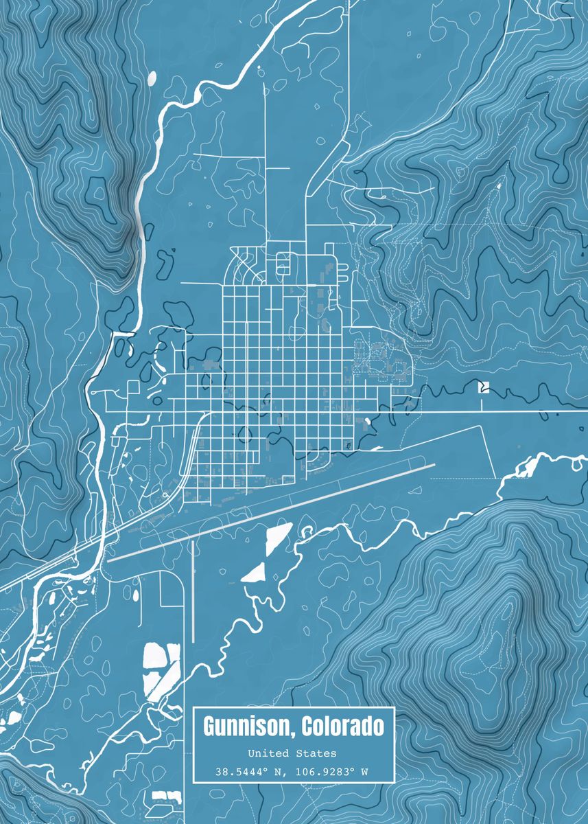 'Gunnison CO Topo Map Blue' Poster, picture, metal print, paint by Benjamin Tyson | Displate