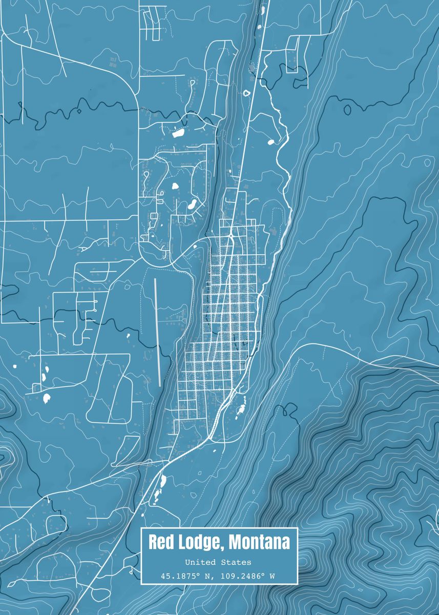 'Red Lodge MT Map Blue' Poster by Outward Cartography  Displate