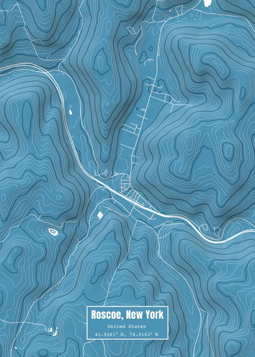 'Roscoe New York Map Blue' Poster by Outward Cartography Displate