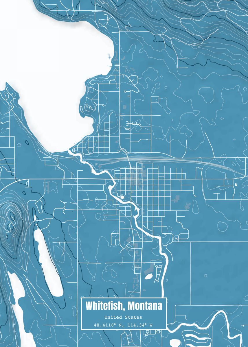 'Whitefish Montana Map Blue' Poster, picture, metal print, paint by