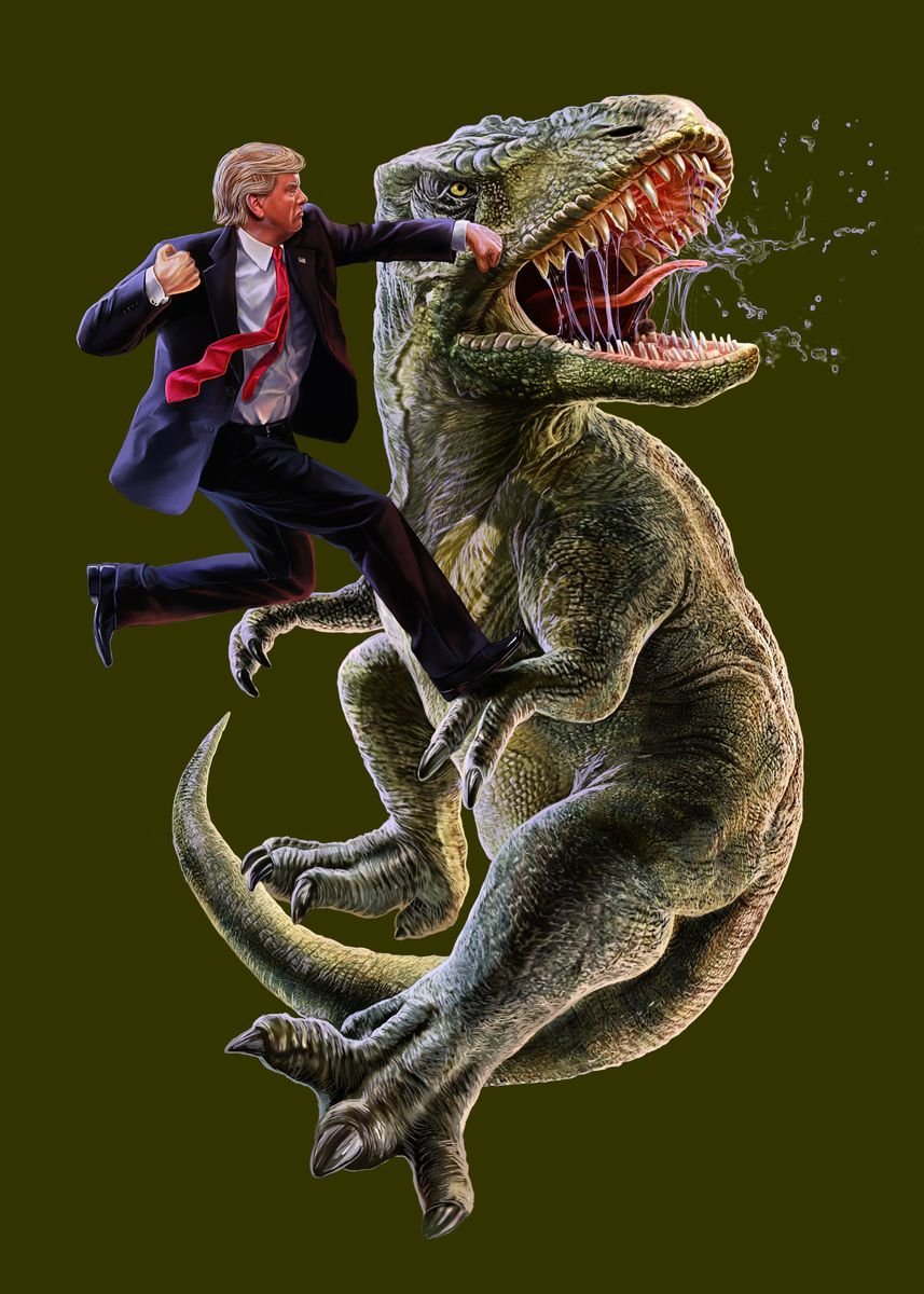 trump riding a dinosaur