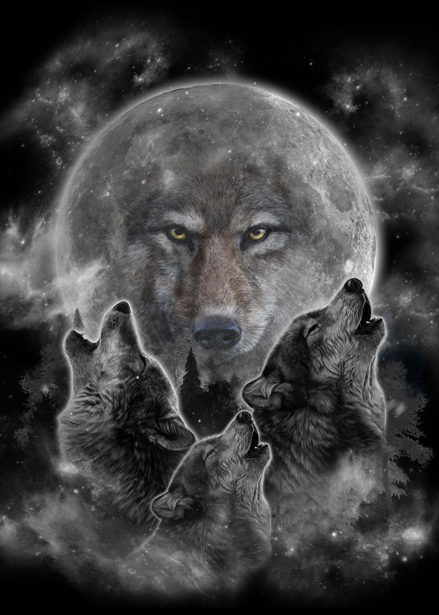 'Spiritual Wolf Full Moon' Poster, picture, metal print, paint by Fox