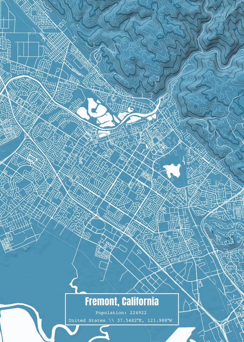 'Fremont CA Topo Map Blue' Poster by Outward Cartography | Displate