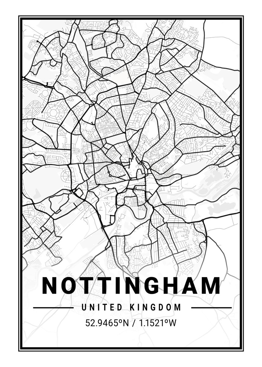 'Nottingham Light City Map' Poster, picture, metal print, paint by Tien