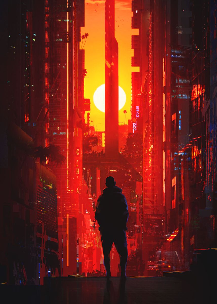 'futuristic city sunset' Poster, picture, metal print, paint by ...