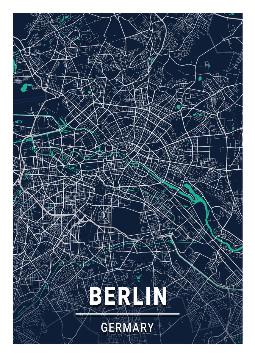 'Berlin Blue Dark City Map' Poster, picture, metal print, paint by Tien ...