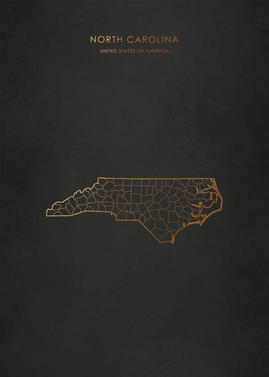 'Gold North Carolina Map' Poster by Alo Displate