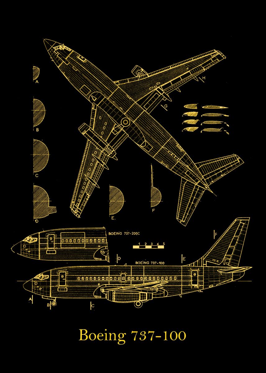 'Boeing 737100 Blueprint ' Poster, picture, metal print, paint by B & W ...