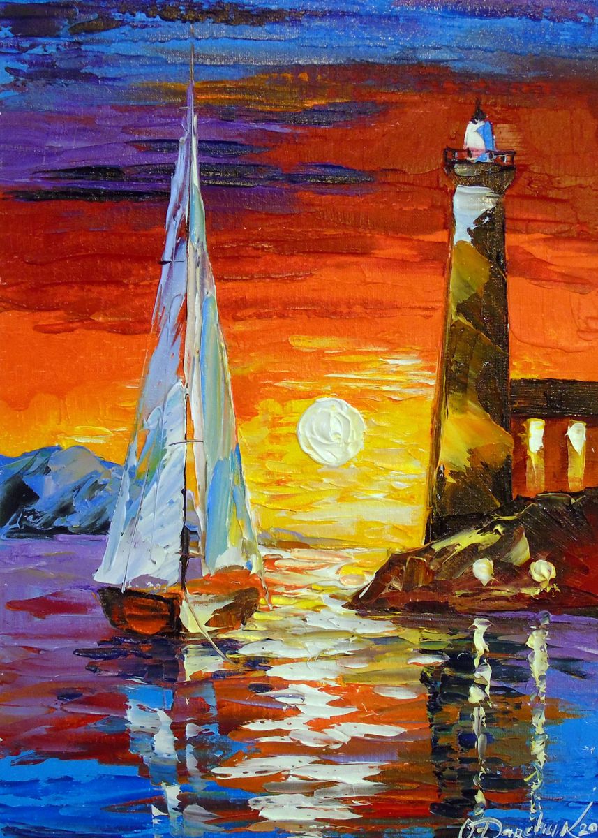 'Sailboat and lighthouse' Poster, picture, metal print, paint by Ольга ...