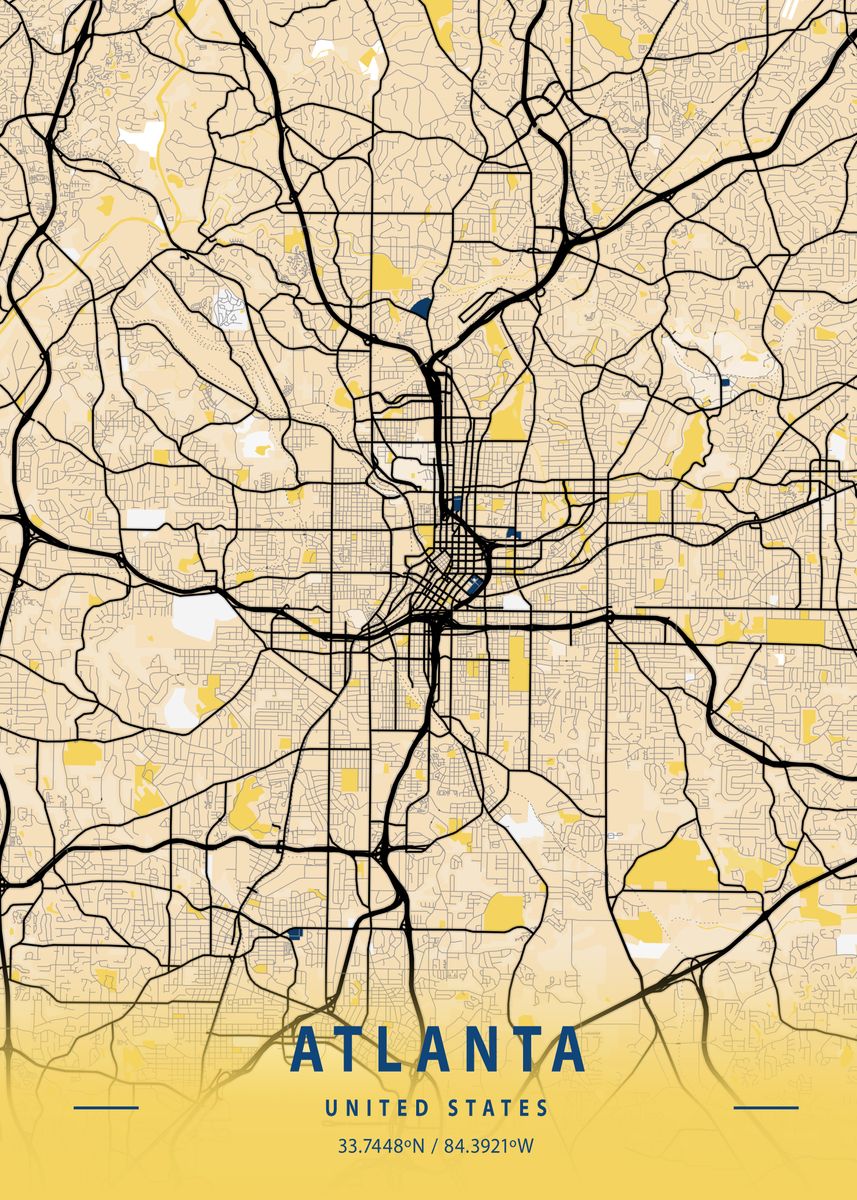 'Atlanta Yellow City Map' Poster, picture, metal print, paint by Tien ...