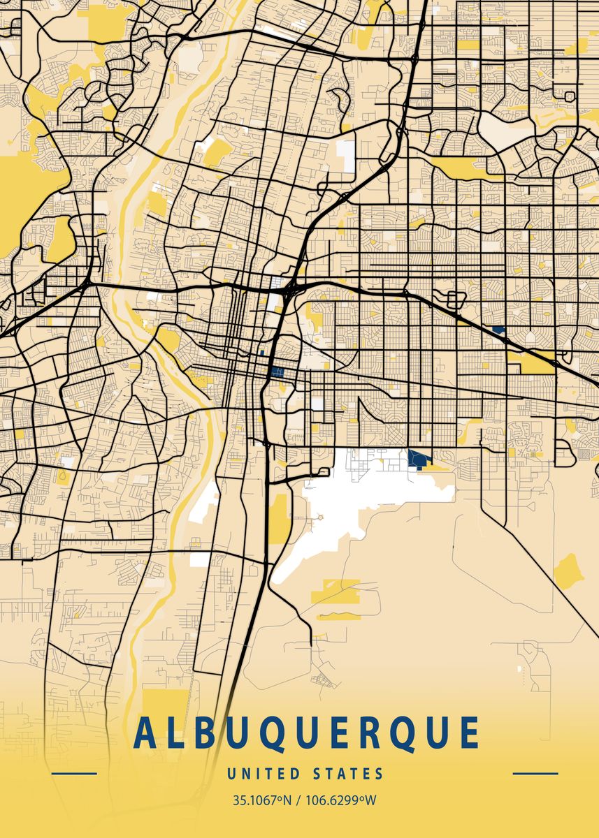 'Albuquerque Yellow Map' Poster, picture, metal print, paint by Tien