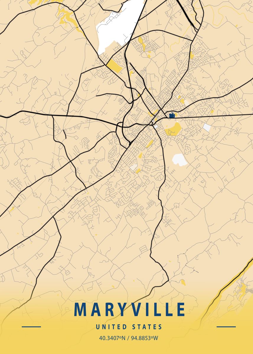 'Maryville Yellow City Map' Poster, picture, metal print, paint by Tien ...