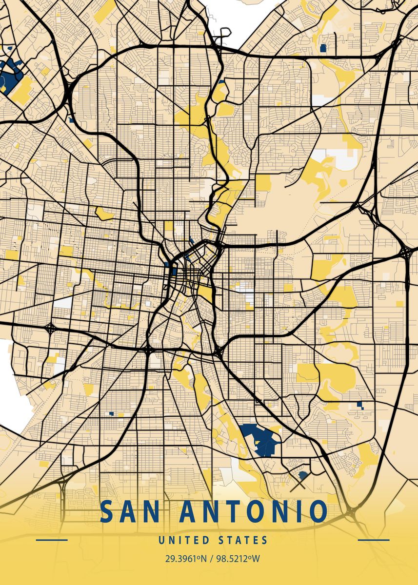 'san Antonio Yellow Map' Poster By Tien Stencil 