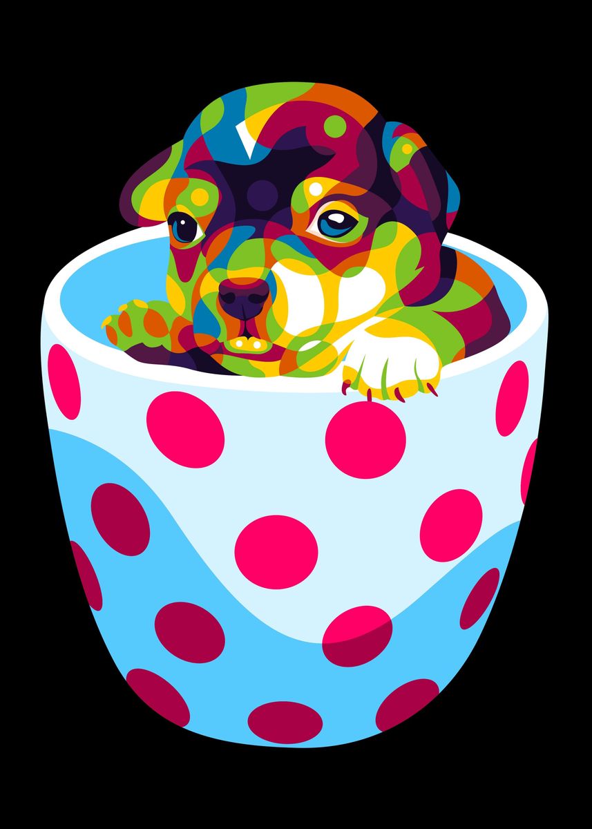 'Puppy in Cup' Poster, picture, metal print, paint by Lintang Wicaksono | Displate