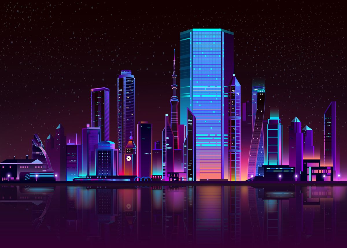 'modern city skyline neon ' Poster by Designersen | Displate