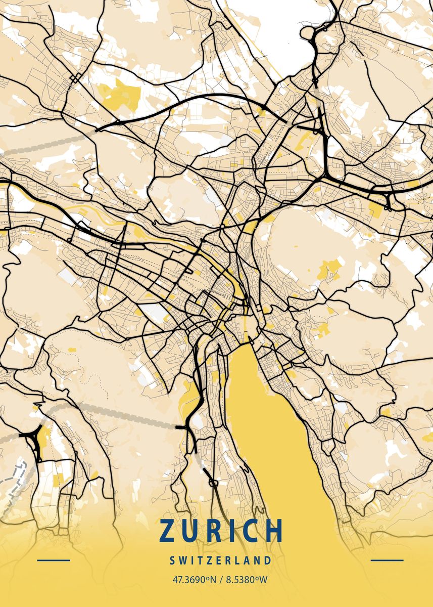 'Zurich Yellow City Map' Poster, picture, metal print, paint by Tien ...