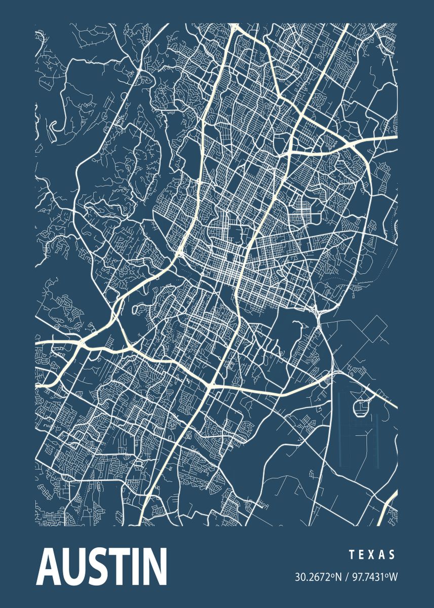 'Blueprint map Austin' Poster, picture, metal print, paint by ...