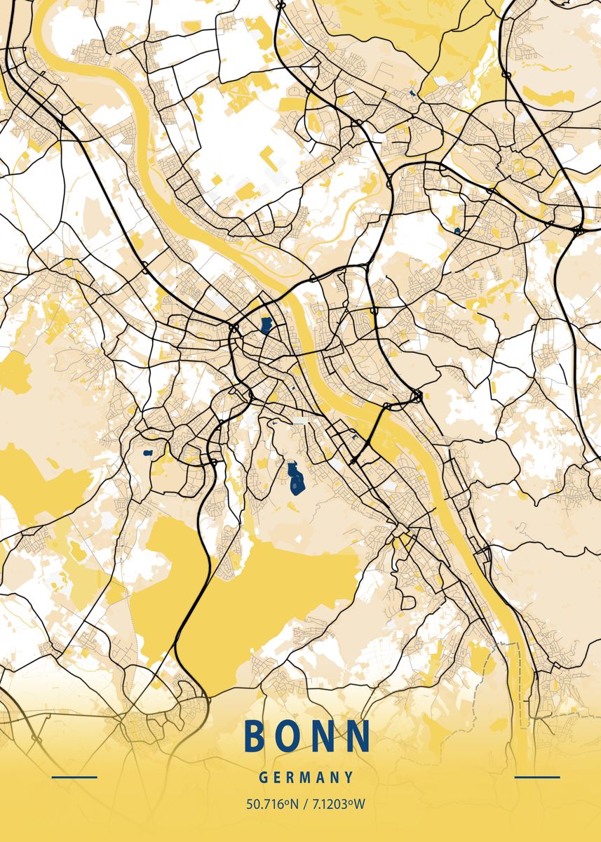 'Bonn Yellow City Map' Poster, picture, metal print, paint by Tien ...