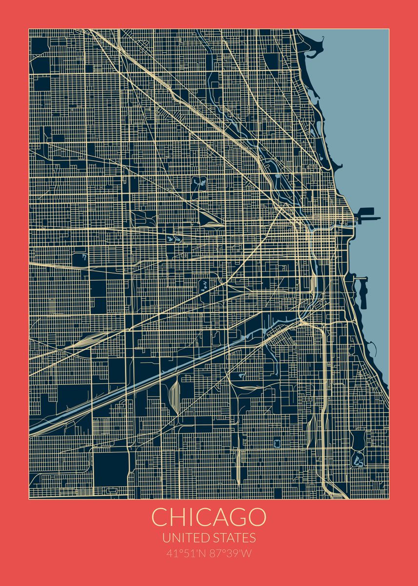 'Chicago Map Red Blue' Poster, picture, metal print, paint by dkDesign ...