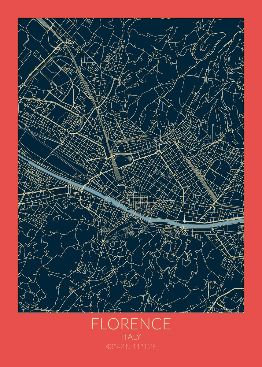 'Florence Map Red Blue' Poster by dkDesign Displate