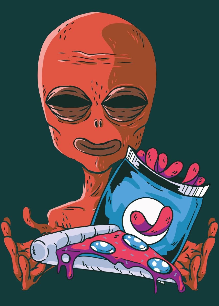'Alien Snacks' Poster, picture, metal print, paint by Bombdesign | Displate