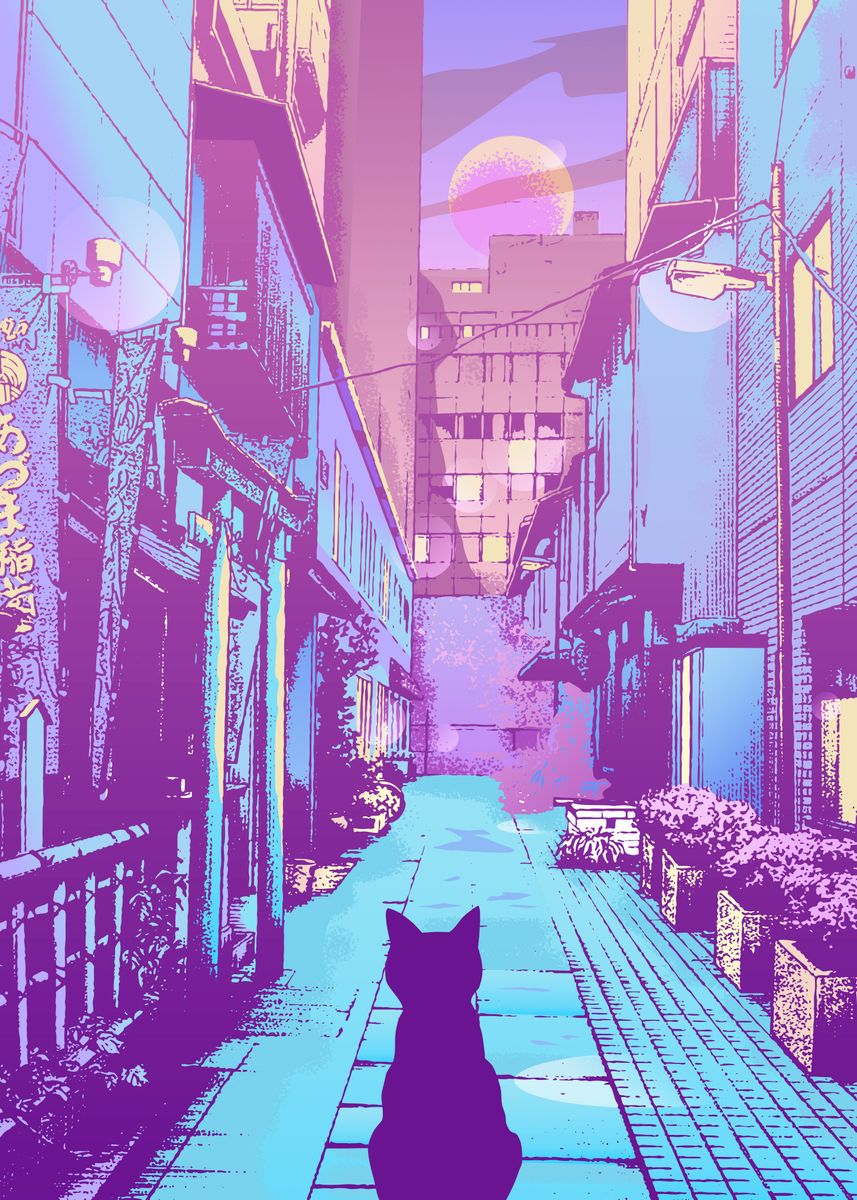 'Cat Japan Street City Pop ' Poster by Saphira Design | Displate