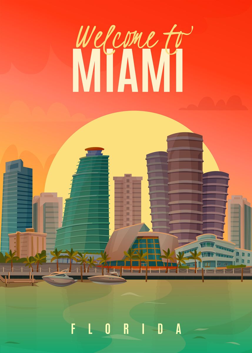 'Visit Miami Retro Poster' Poster, picture, metal print, paint by ...