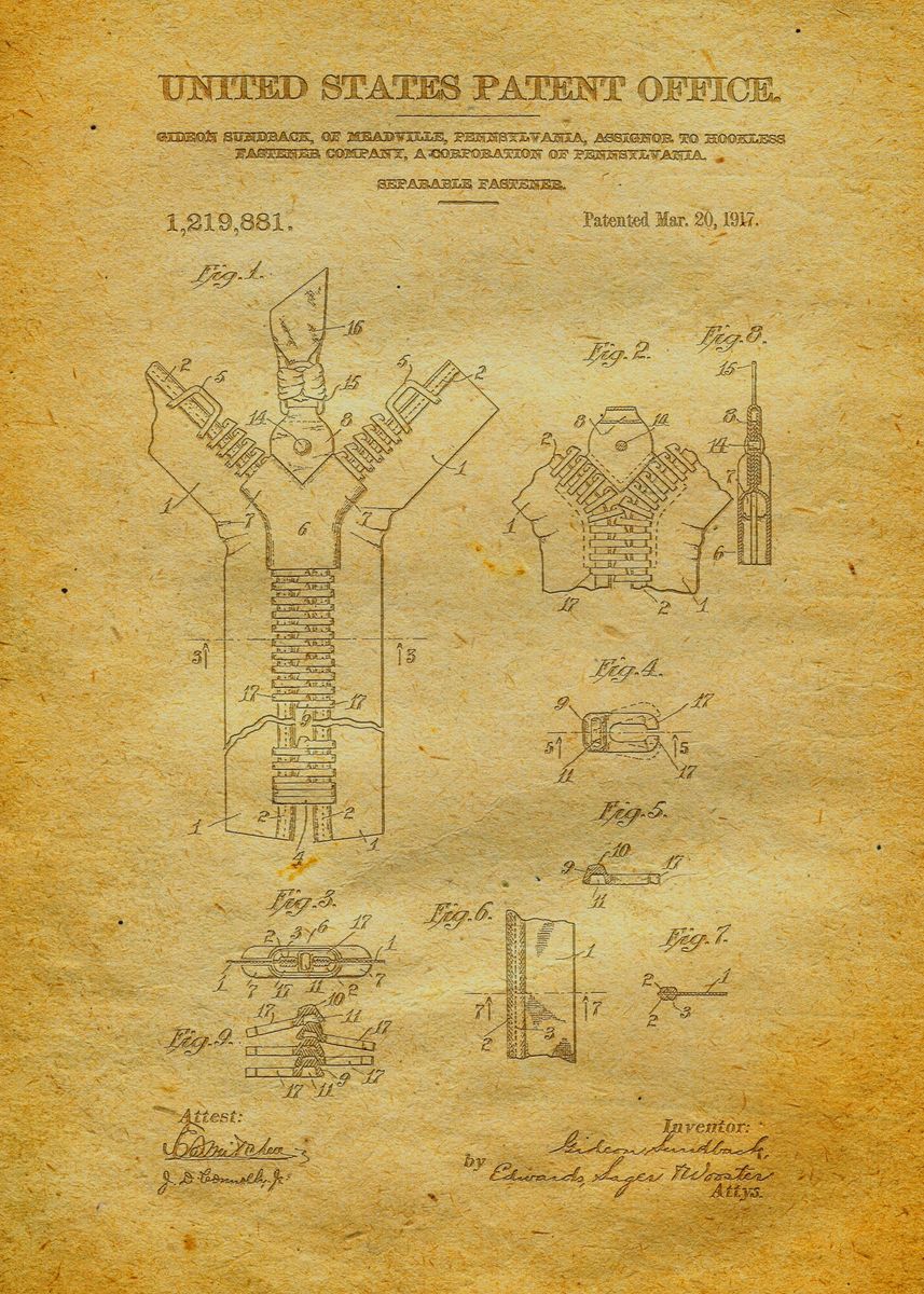 '40 Zipper Patent Patent' Poster, picture, metal print, paint by