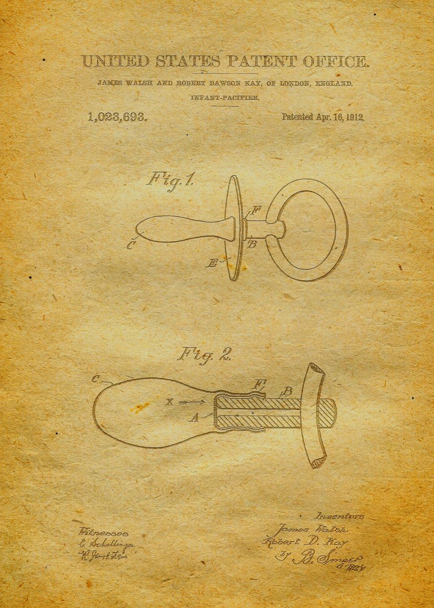 '91 1912 Pacifier Patent' Poster, picture, metal print, paint by ...