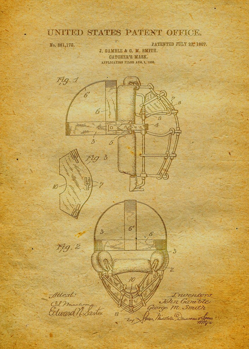 Baseball Catchers Mask Decor Baseball Catcher Patent Print 