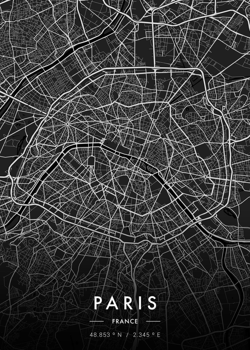 'Paris City Map Dark' Poster, picture, metal print, paint by MVDZ ...