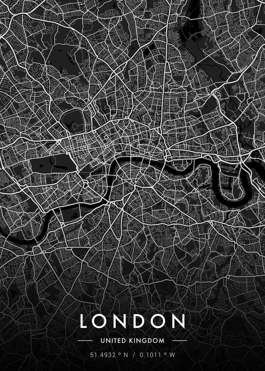 'London City Map Dark' Poster, picture, metal print, paint by MVDZ ...