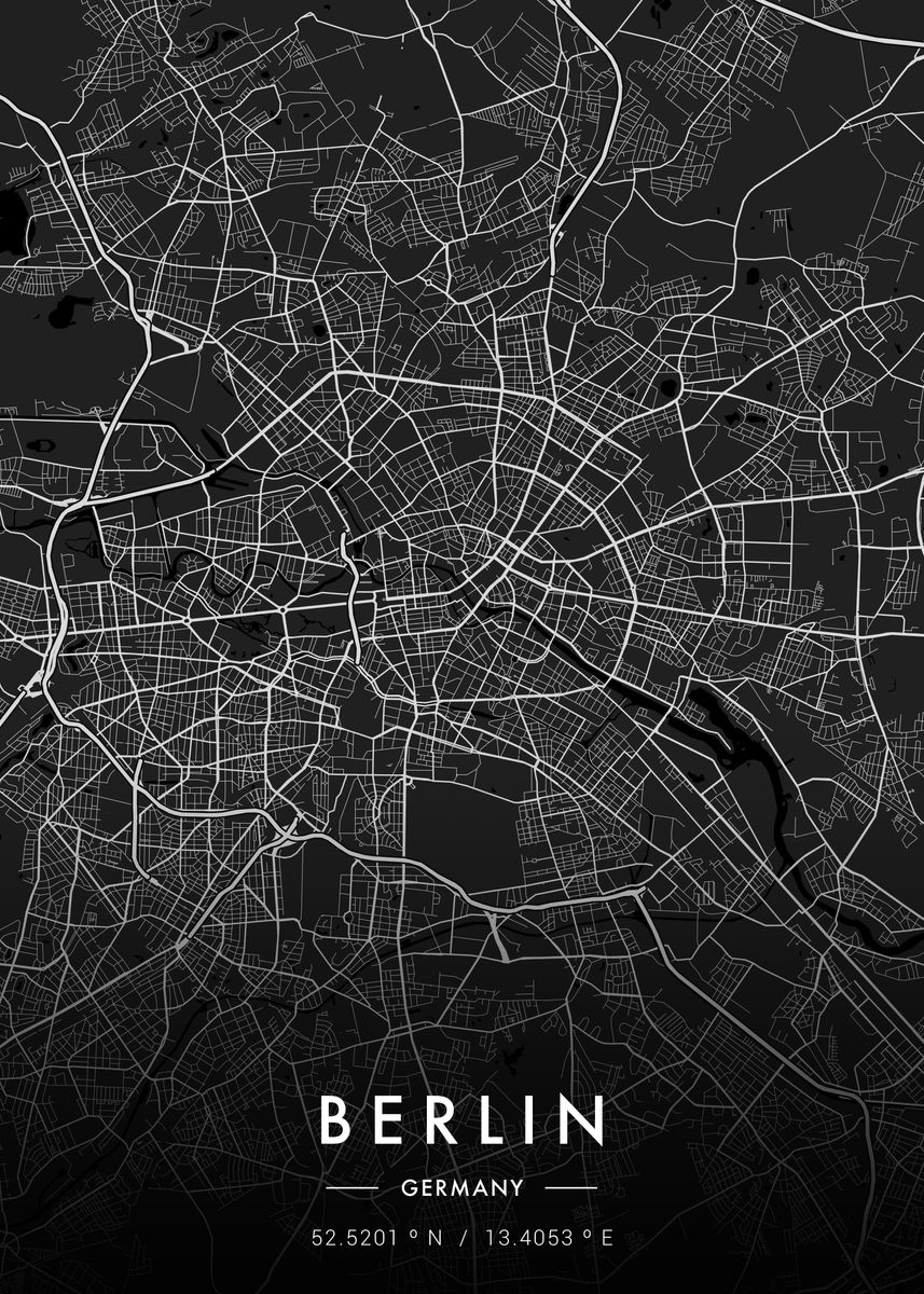 'Berlin City Map Dark' Poster, picture, metal print, paint by MVDZ ...