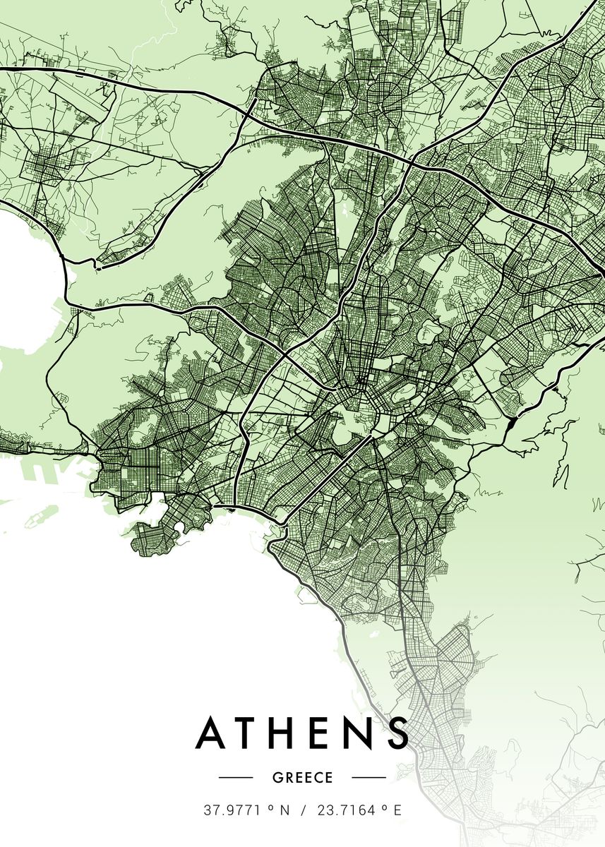 'Athens City Map Green' Poster, picture, metal print, paint by MVDZ ...