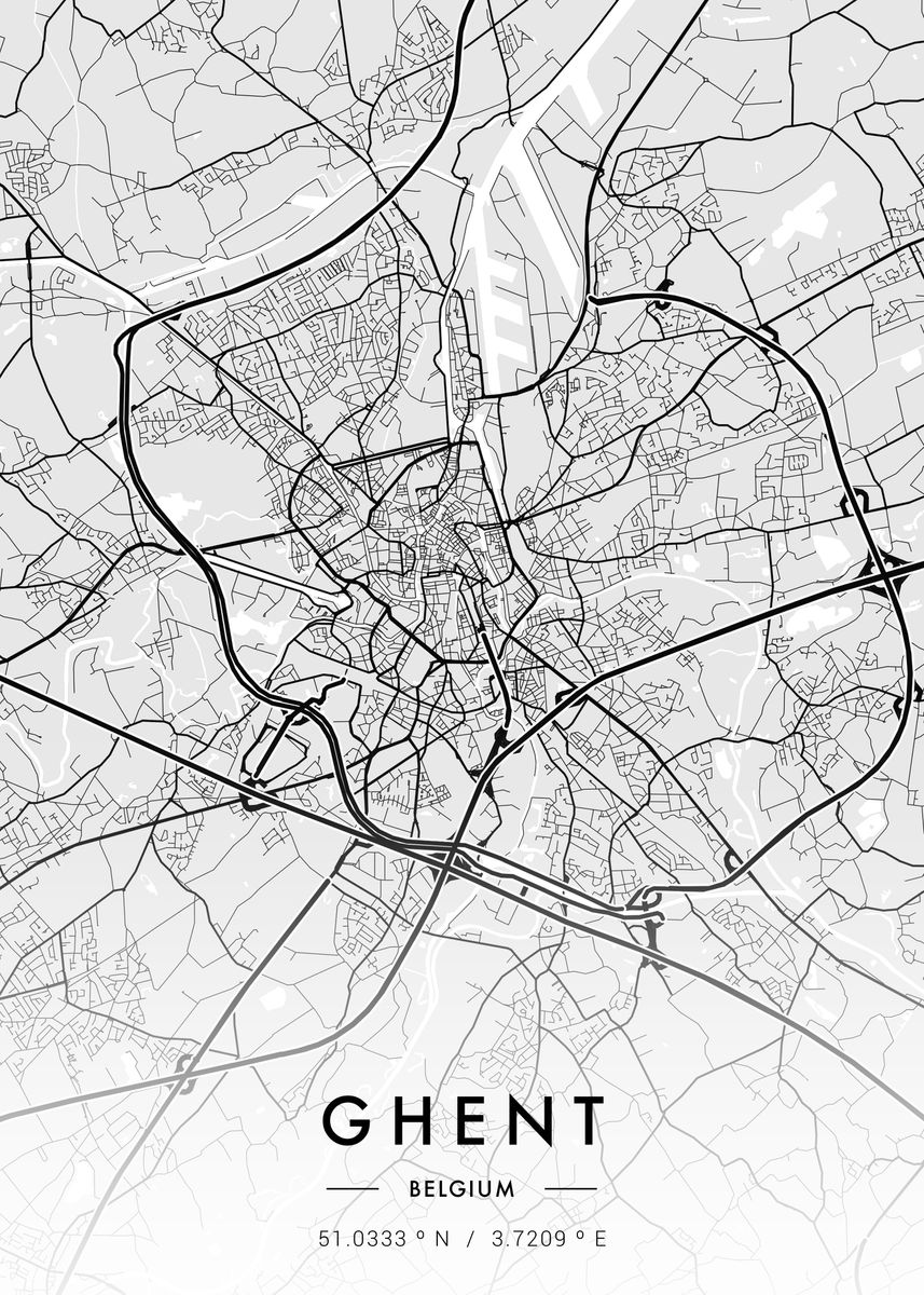 'Ghent City Map White' Poster, picture, metal print, paint by MVDZ ...