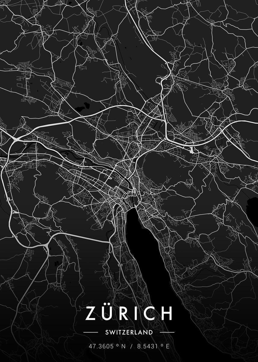 'Zurich City Map Dark' Poster, picture, metal print, paint by MVDZ ...