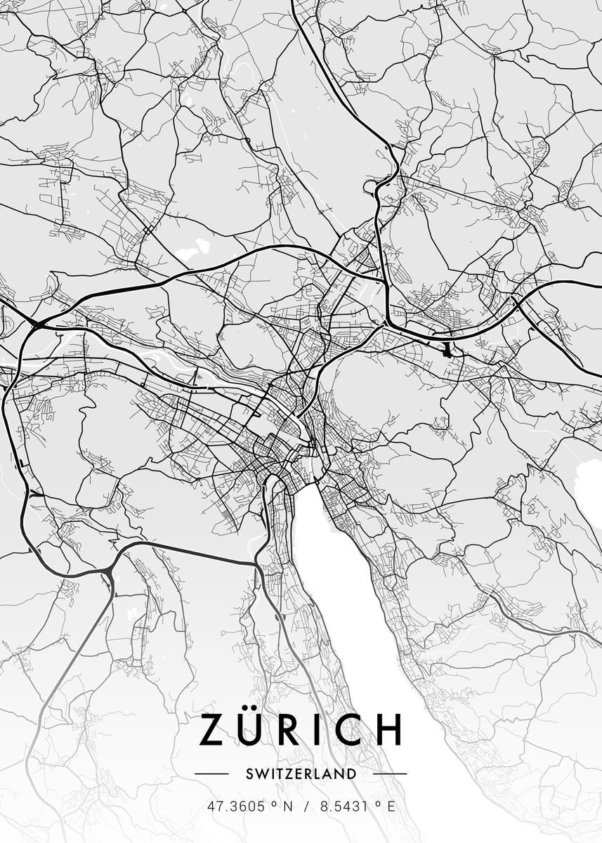 'zurich City Map White' Poster, Picture, Metal Print, Paint By Mvdz 